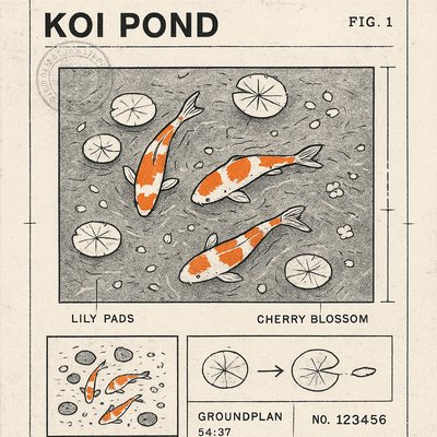 A koi pond seen from above, orange and white koi fish swimming among lily pads, clear water with subtle ripples, fallen cherry blossom petals floating on the surface, dappled sunlight