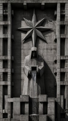 a robed figure pouring water beneath a large eight-pointed star in a night sky, symmetrical composition with an ornate decorative border, no text