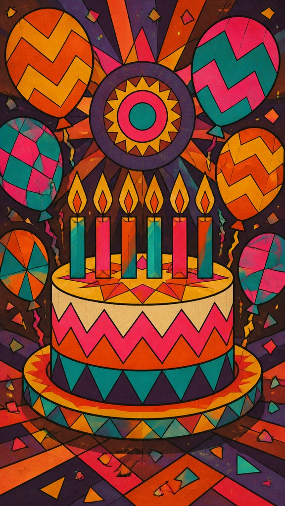 a birthday cake with lit candles surrounded by balloons and confetti, festive vertical composition, no text