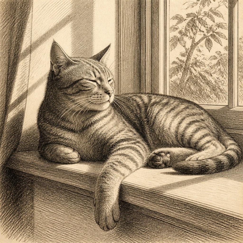 a cat lounging in a sunlit window — Hatching Drawing Style