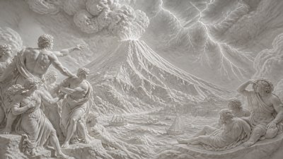 an erupting volcano with lightning strikes, dramatic wide composition, no text