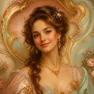 head-and-shoulders portrait of an original character: a young woman with wavy chestnut hair and a warm smile, plain soft backdrop