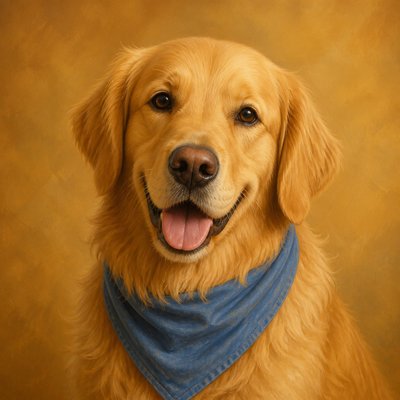 portrait of a golden retriever wearing a blue bandana, warm plain backdrop, no text