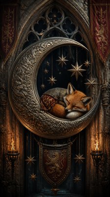 a sleeping baby fox curled on a crescent moon among soft stars, gentle and warm, no text