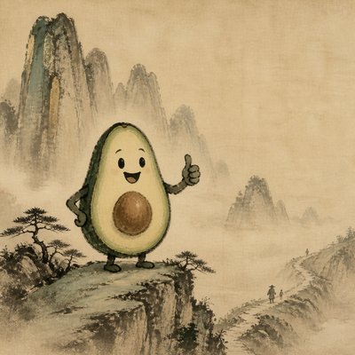a happy avocado character giving a thumbs up, bold readable design on a plain background, no text