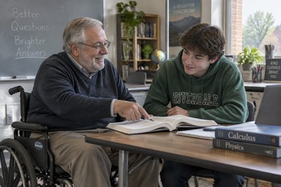 an older man in a wheelchair cheerfully tutors a young student after class