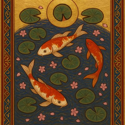 A koi pond seen from above, orange and white koi fish swimming among lily pads, clear water with subtle ripples, fallen cherry blossom petals floating on the surface, dappled sunlight