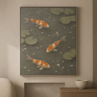 A koi pond seen from above, orange and white koi fish swimming among lily pads, clear water with subtle ripples, fallen cherry blossom petals floating on the surface, dappled sunlight