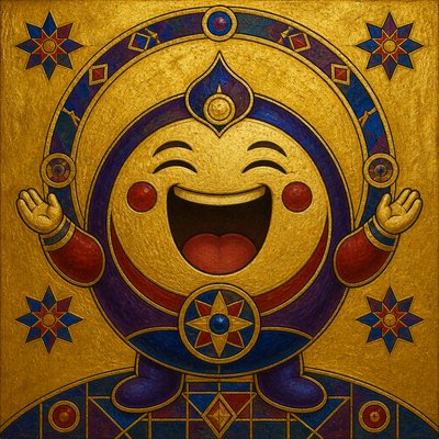 an exaggerated laughing face of an original round mascot character, bold and readable at small size, plain background, no text