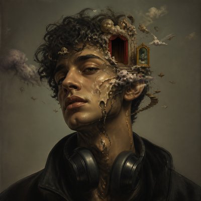 head-and-shoulders portrait of an original character: a young man with curly dark hair and headphones around his neck, plain backdrop, no text