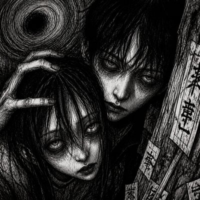 portrait of two people together — Horror Manga Art Style