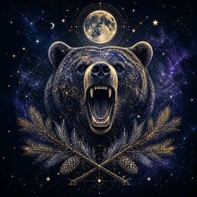 a roaring bear head above crossed pine branches, bold graphic composition on a plain background, no text