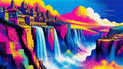 a cliffside city with waterfalls cascading into a misty canyon, wide establishing shot, no people, no text