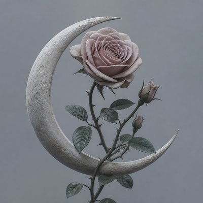 a rose entwined with a crescent moon, clean balanced composition on a plain background, no text