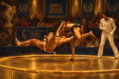 a painting of two men wrestling in a ring