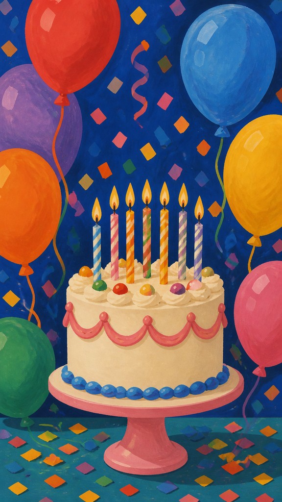 a birthday cake with lit candles surrounded by balloons and confetti, festive vertical composition, no text
