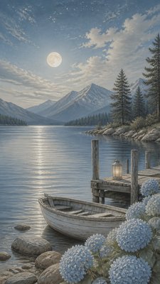 a tranquil mountain lake beneath a starry night sky, no people, no text