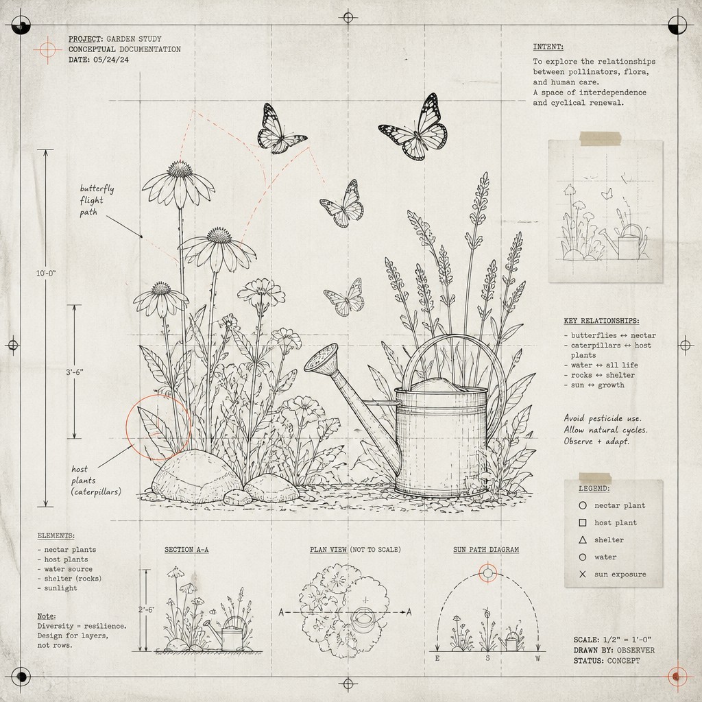 a garden scene with butterflies, flowers and a watering can, clean uncolored line art, no text