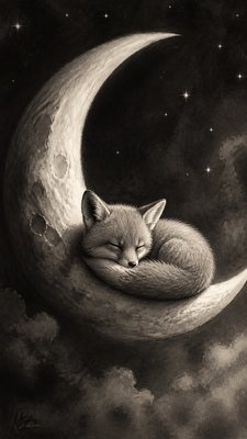 a sleeping baby fox curled on a crescent moon among soft stars, gentle and warm, no text