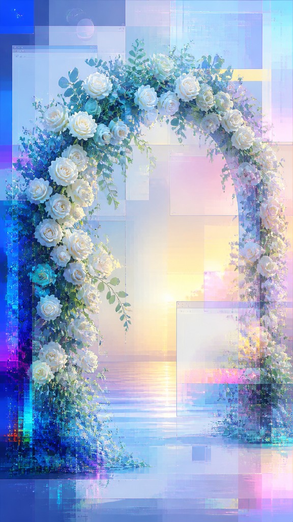 an arch of white roses and eucalyptus in soft morning light, elegant vertical composition with open space, no text