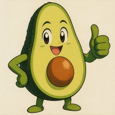 a happy avocado character giving a thumbs up, bold readable design on a plain background, no text