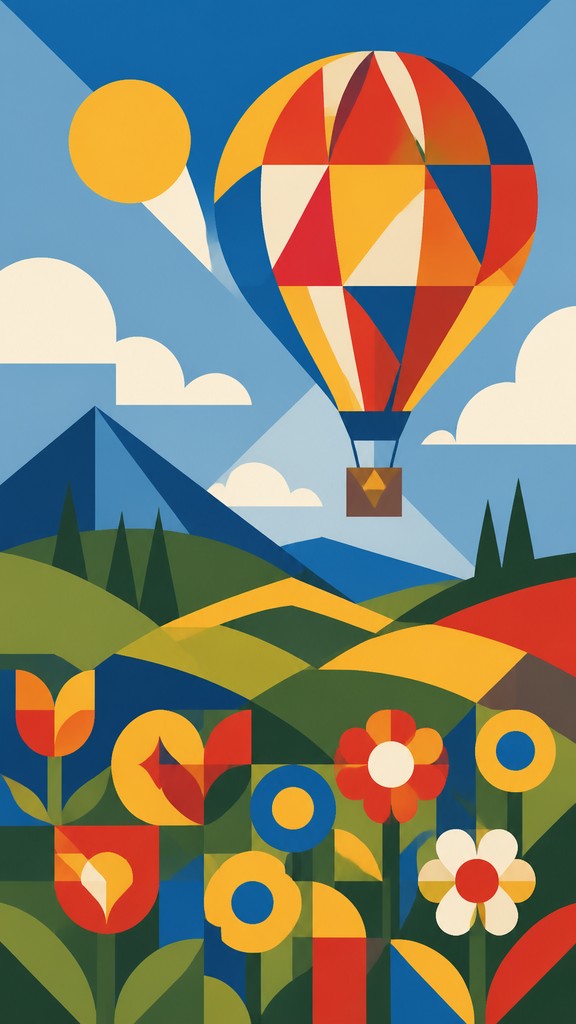 a hot air balloon drifting over rolling flower fields on a sunny day, cheerful, no text