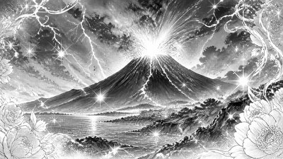 an erupting volcano with lightning strikes, dramatic wide composition, no text