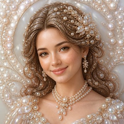 head-and-shoulders portrait of an original character: a young woman with wavy chestnut hair and a warm smile, plain soft backdrop