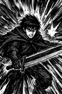a black and white drawing of a man holding a sword