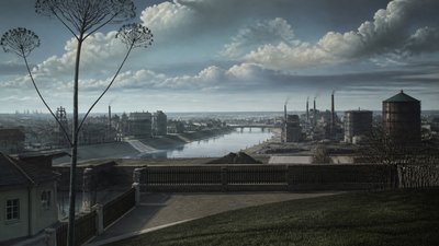 sweeping panoramic landscape with a dramatic sky