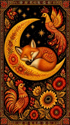 a sleeping baby fox curled on a crescent moon among soft stars, gentle and warm, no text