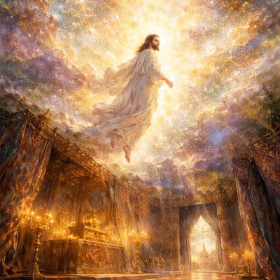 A wide-angle, cinematic masterpiece. The lower portion of the image shows the interior of an ancient, candlelit Tabernacle, detailed with tapestries and hewn stone (the "holy places made with hands"). Above it, the roof dissolves into swirling, luminous, celestial energy and golden light that is boundless ("heaven itself"). The figure of Jesus Christ, radiant with a soft inner light and wearing simple, brilliant white robes, is ascending from the shadowy temple into the infinite light, looking back with compassionate intercessory eyes. Volumetric lighting, grand scale, highly detailed, dramatic atmosphere.