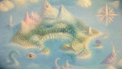 a map of an island realm with mountains, forests, a sheltered bay, sea monsters in the water and a compass rose, no text labels