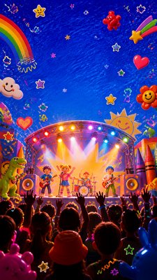 a live music scene with a glowing stage and silhouetted crowd, energetic vertical composition with open space at the top, no text