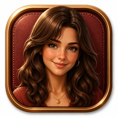 head-and-shoulders portrait of an original character: a young woman with wavy chestnut hair and a warm smile, plain soft backdrop
