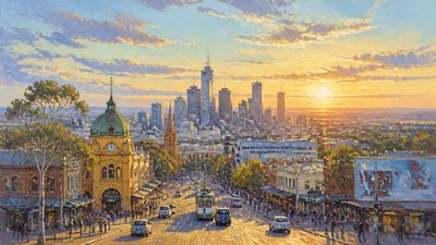 bustling city street panorama at dusk