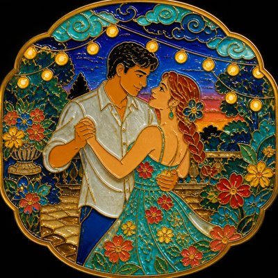an original couple dancing under string lights in a garden at dusk: a man with short black hair in a linen shirt and a woman with braided red hair in a summer dress