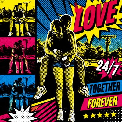 a poster of a couple hugging each other