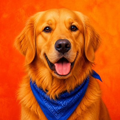 portrait of a golden retriever wearing a blue bandana, warm plain backdrop, no text