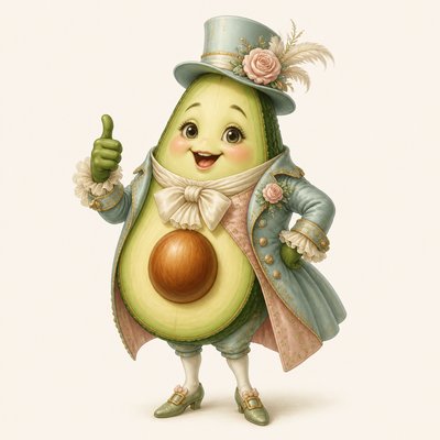 a happy avocado character giving a thumbs up, bold readable design on a plain background, no text