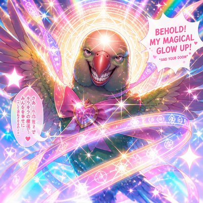 Funny bird parrot meme with a creepy funny smile and magical powers and a shiny forehead