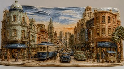 bustling city street panorama at dusk