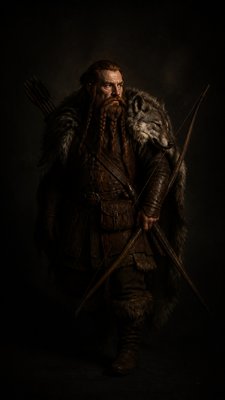 full-body original character: a dwarven ranger with a braided auburn beard, worn leather armor, a longbow and a wolf-pelt cloak, neutral background, no text