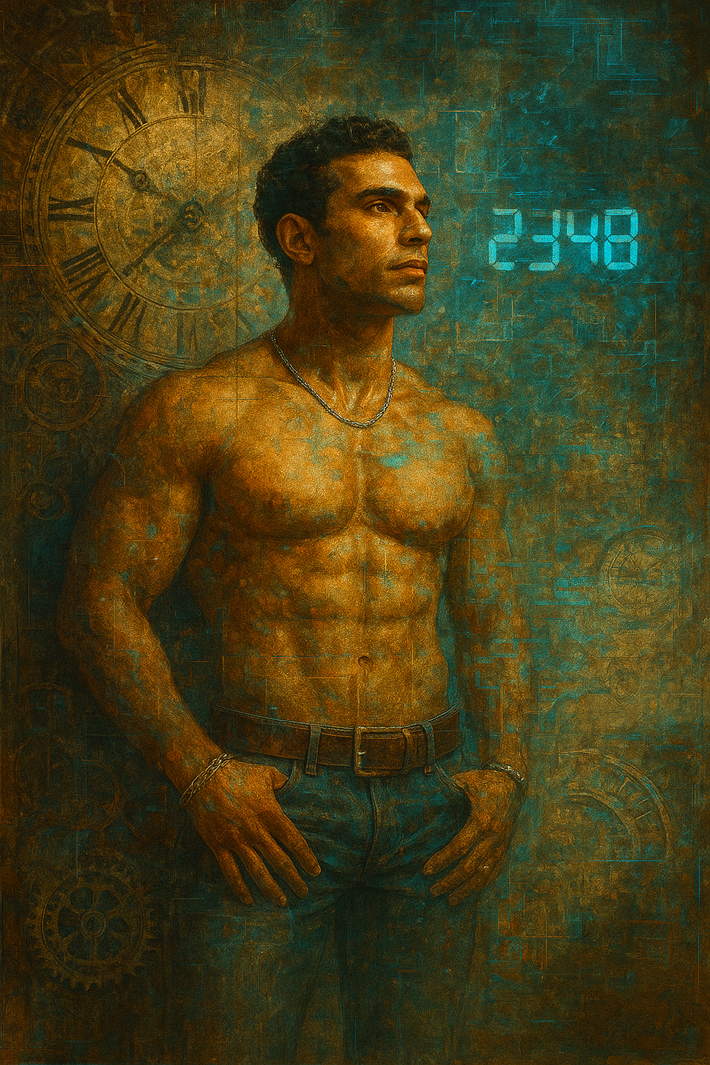 a painting of a man standing in front of a clock