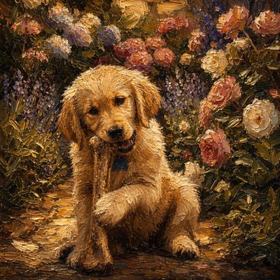a painting of a dog sitting in front of flowers