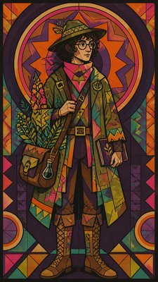 full-body original character: a wandering botanist with a satchel of plants, a patched green cloak, tall boots and round glasses, neutral background