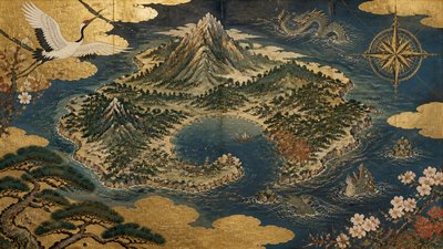 a map of an island realm with mountains, forests, a sheltered bay, sea monsters in the water and a compass rose, no text labels
