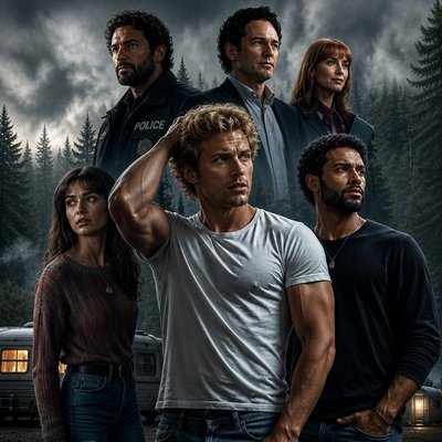 a group of people standing in front of a forest
