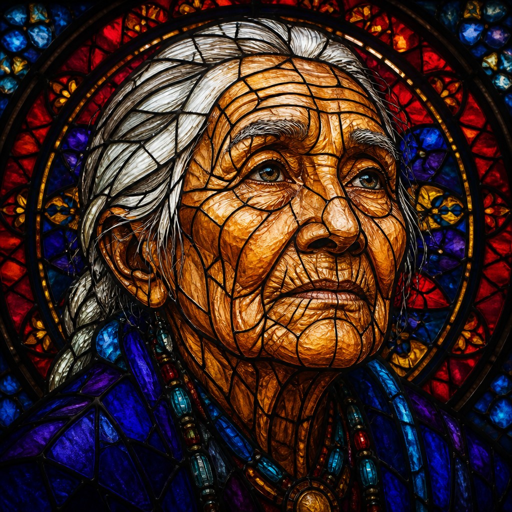 close-up portrait of an elderly person with expressive weathered features — Stained Glass Art Style