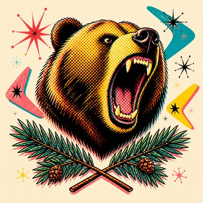 a roaring bear head above crossed pine branches, bold graphic composition on a plain background, no text